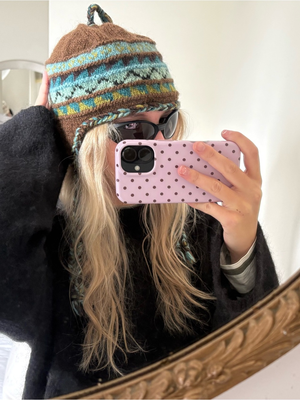 vintage 100% wool Hand-Knit Brown & Teal Earflap Beanie